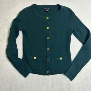 Audrey & Grace Emerald Green Cardigan Small Gold Buttons Minimalist Old Money